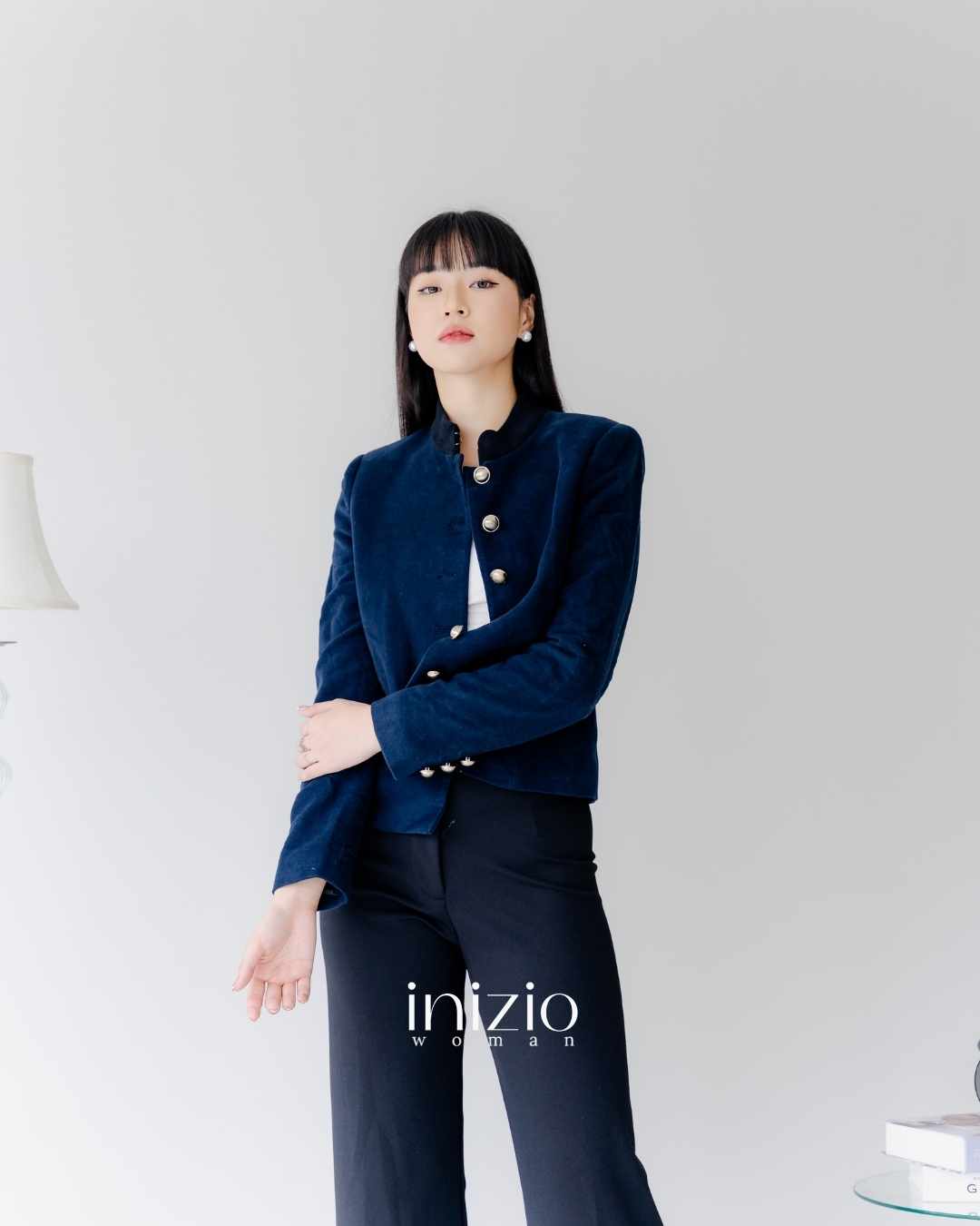 Mango Navy Velvet Blazer
